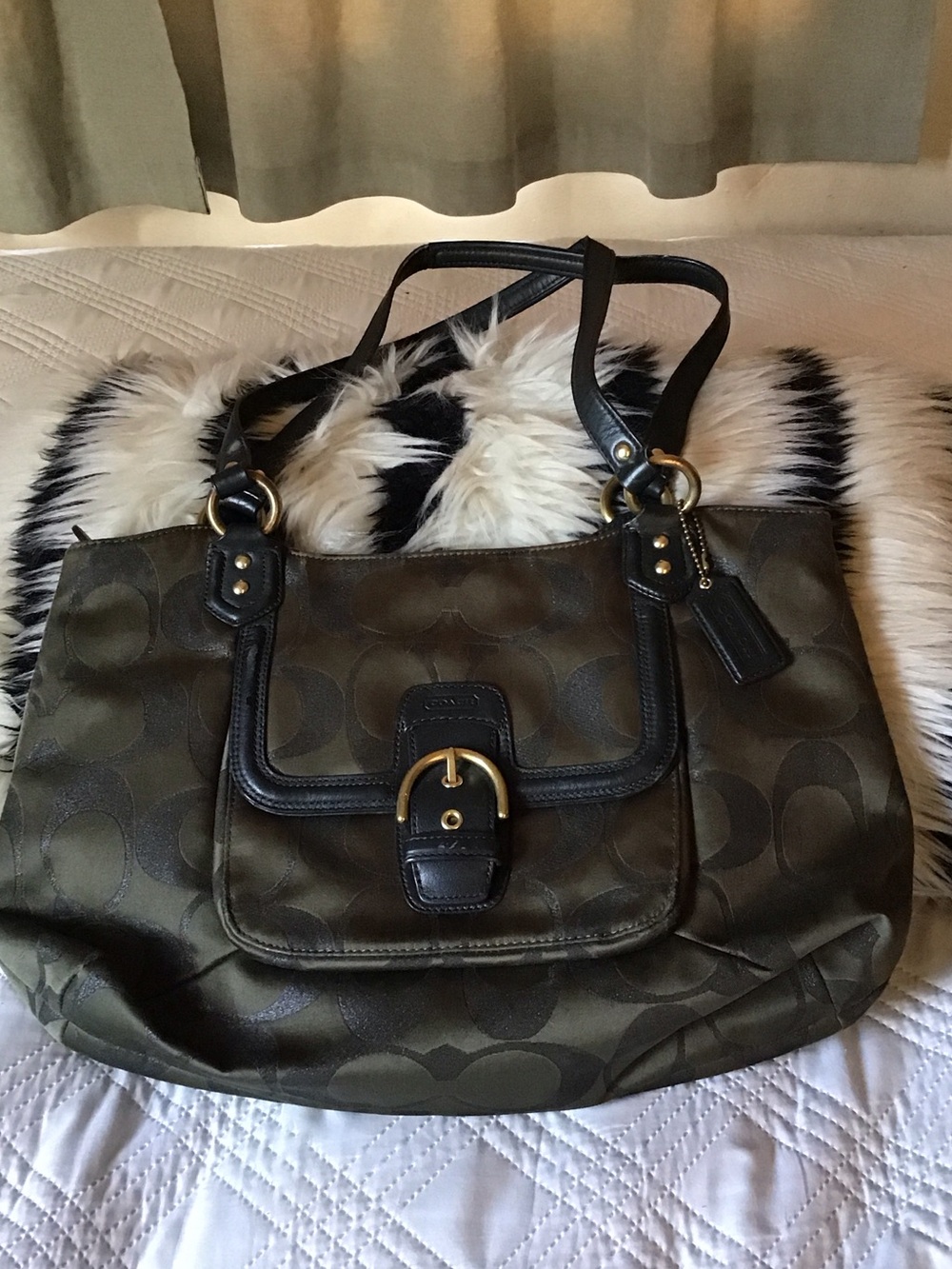 Coach Signature Canvas Shoulder Tote in Olive Green with Black Trim